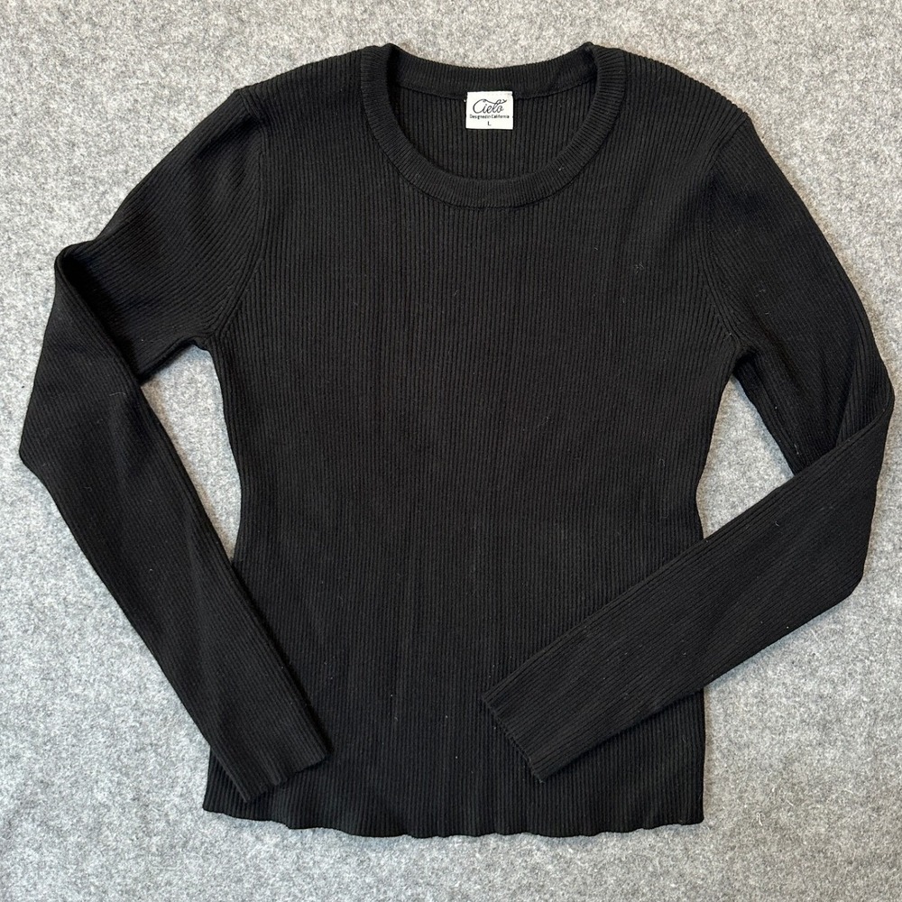 Cielo Ribbed Knit Long Sleeve Top Large Black Crew Neck Stretch